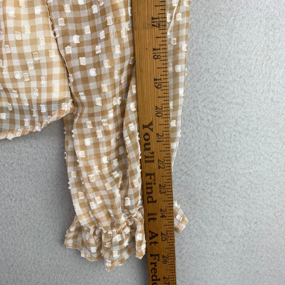 blu pepper Gingham Peplum Top Women L Tan Cottagecore Tie Front Long Sleeve - Picture 8 of 9